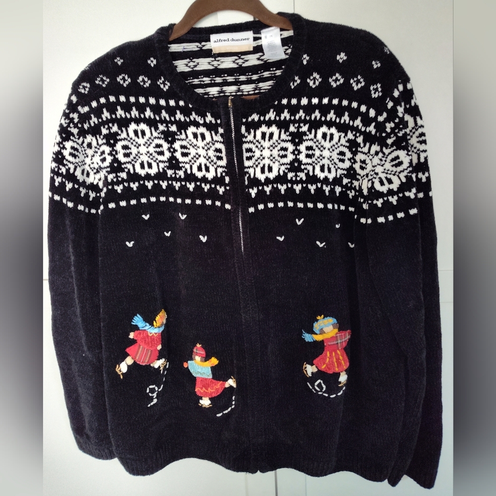 Vtg Alfred Dunner full-zip cardigan with ice skaters & Snowflake Sz 2X Superb